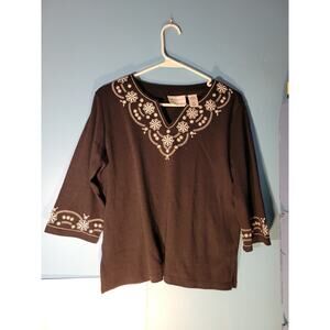 Alfred Dunner Y2K Womens Black/White Embroidered 3/4 Sleeve Blouse Petite Small